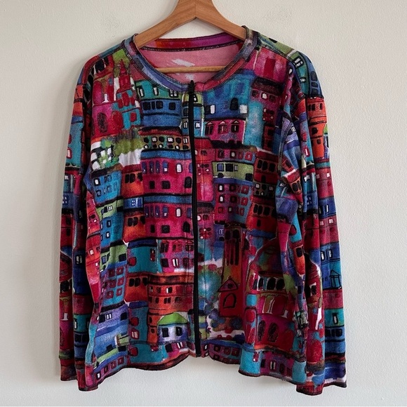 Chico’s vintage double sided novelty village print soft stretchy knit jacket XL - Picture 5 of 7